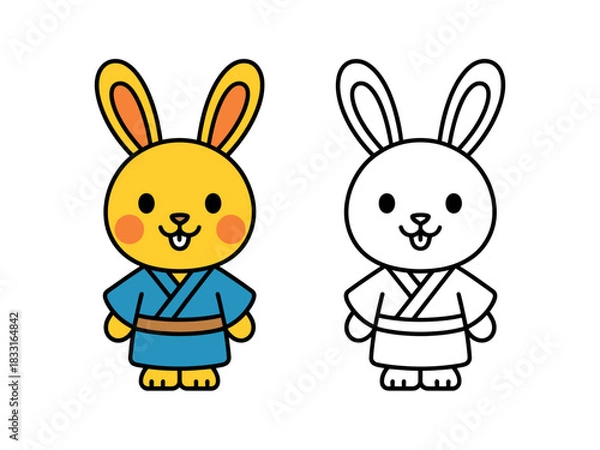 Fototapeta A colorful cartoon bunny wearing a blue robe stands next to its black and white outline version, ready for coloring.
