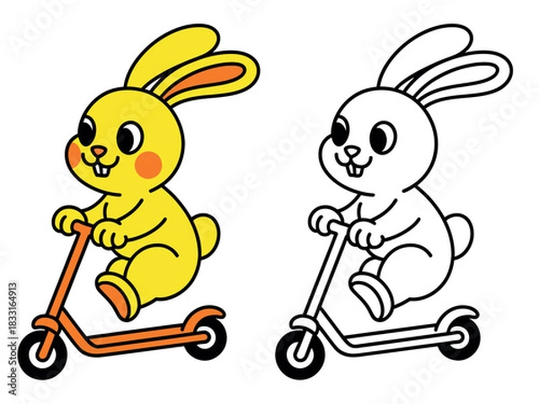 Fototapeta A cheerful yellow cartoon rabbit rides an orange scooter, with a black and white outline version beside it.