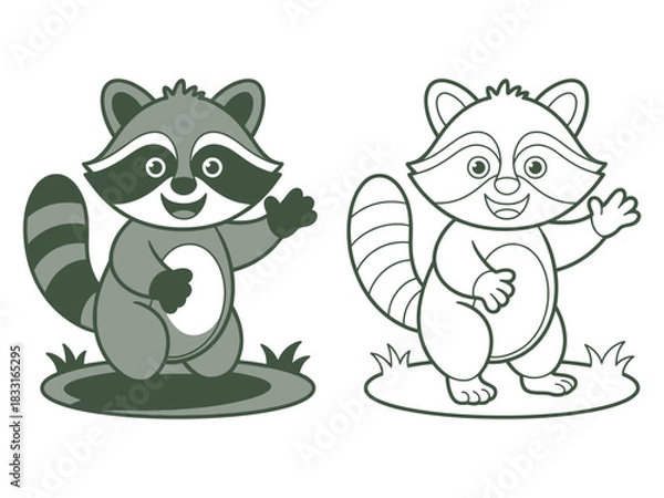 Fototapeta A friendly cartoon raccoon, one colored and one outlined, waves hello while standing on grass.