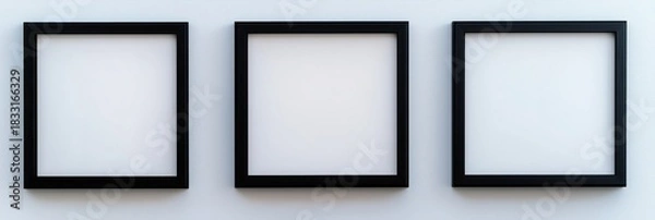 Fototapeta three empty black picture frames hanging on white wall mockup for artwork posters or minimalist design