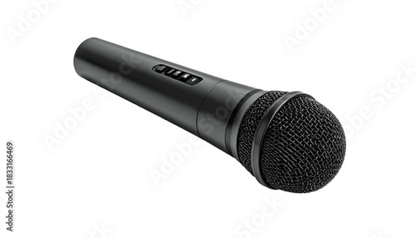Fototapeta Black, cylindrical microphone with a mesh head on dark background