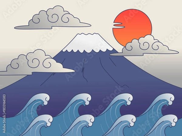 Obraz Mount Fuji with Clouds & Calm Waves
