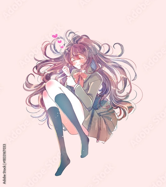 Fototapeta 寝転がる女子学生　好き　笑顔