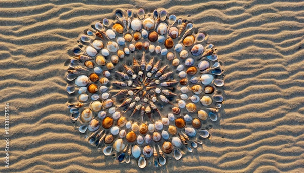 Obraz Seashell spiral on sand: A mesmerizing beach art composition.