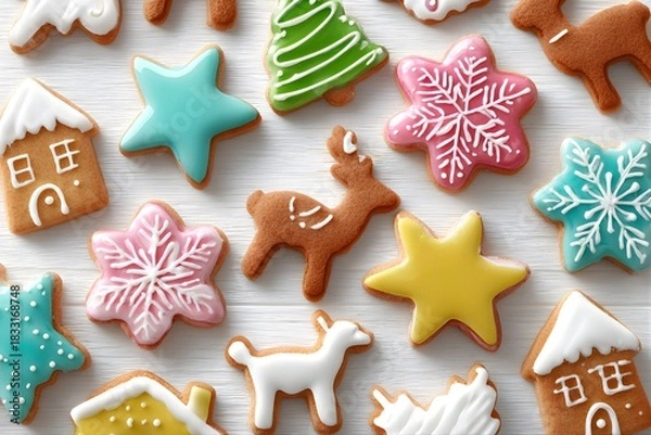 Obraz Cute Reindeer, Star, and House Shaped Cookies with Pastel Icing Pattern 