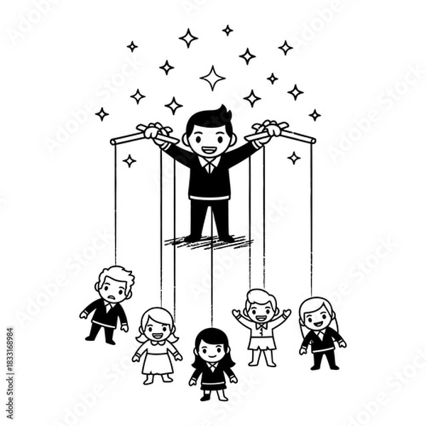 Fototapeta Monochrome Cartoon Illustration of Manager Controlling Team Members as Puppets