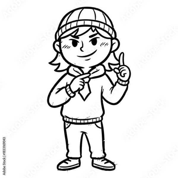 Fototapeta Monochrome Comic Style Drawing of Youthful Character with Beanie