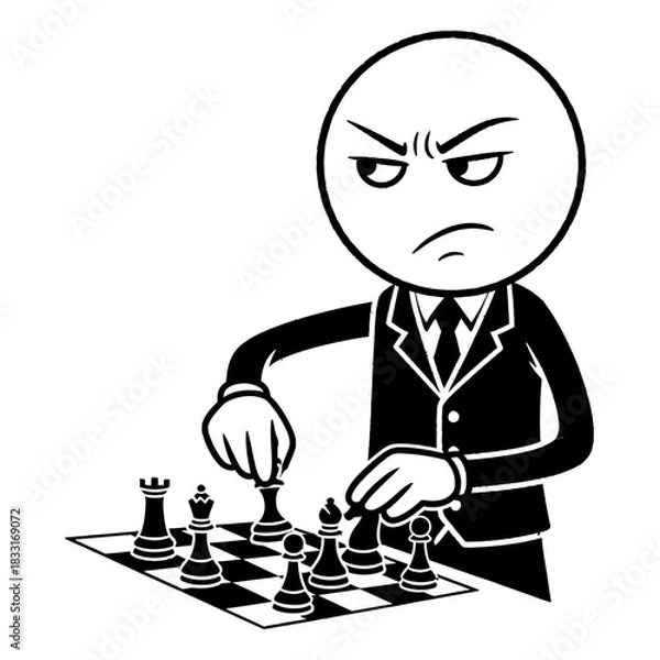 Fototapeta Monochrome Cartoon Figure in Suit Concentrating on Chess Game