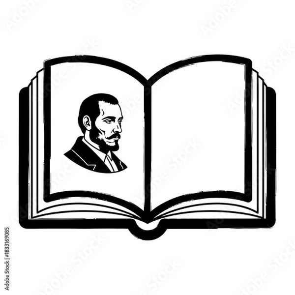 Fototapeta Black and White Vector Illustration of Open Book with Man's Profile Portrait