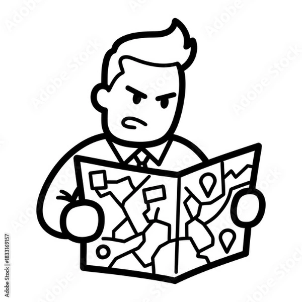 Fototapeta Cartoon Man with Bold Black Outline Puzzled by Navigation Map