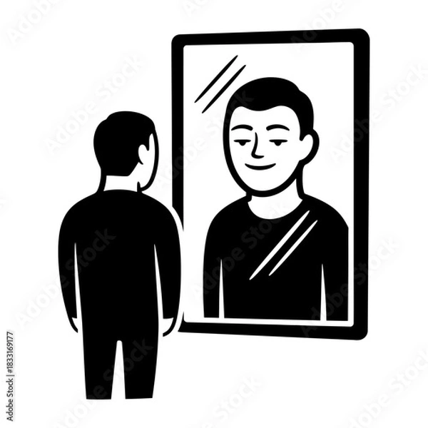 Fototapeta Minimalist Black and White Vector Illustration of Person Looking in Mirror