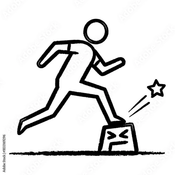 Fototapeta Monochrome Sketchy Icon: Person Stepping on Block, Launching Star
