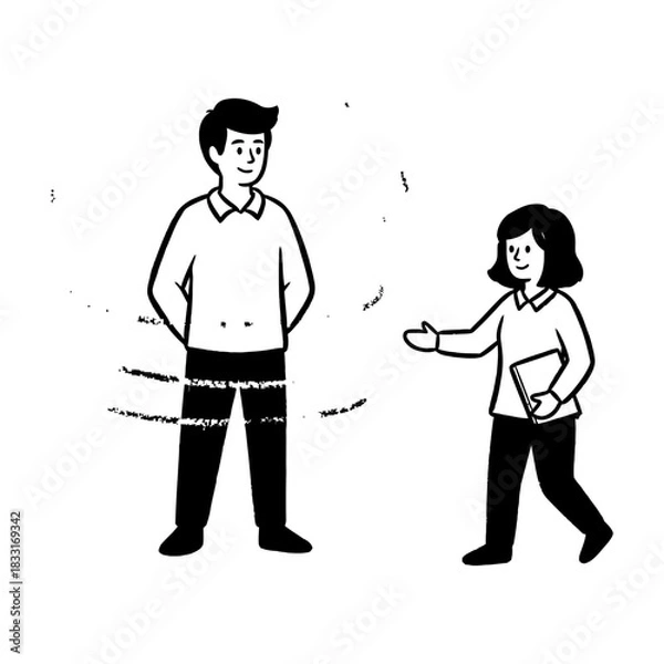 Fototapeta Black Line Art Illustration Two Figures Interaction White Background Style