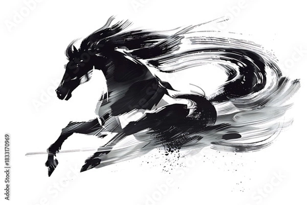 Obraz 躍動感あふれる墨の馬が駆けるモノトーン構図