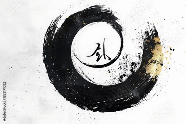 Obraz 墨の円相と金の円弧が調和する和モダン構図