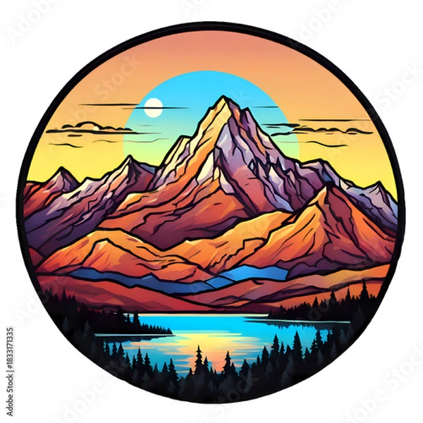 Fototapeta Circular Mountain Sunset Landscape with Lake and Pine Forest