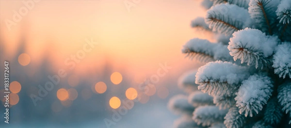 Fototapeta Snow-covered evergreen branches with soft, blurred background of lights and sky