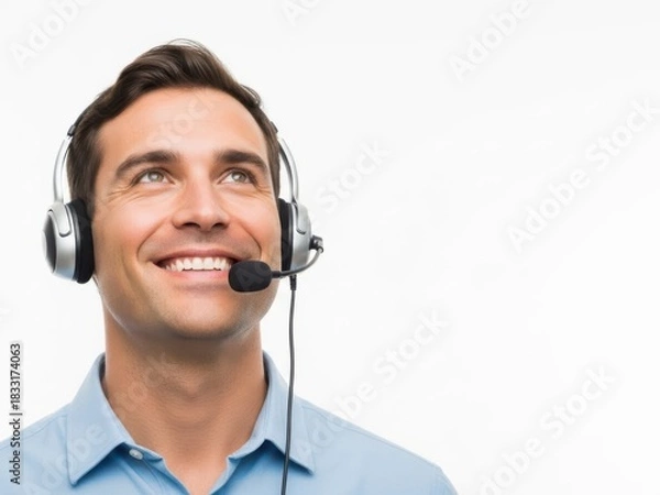 Fototapeta Smiling man with headset, looking up, isolated on white background