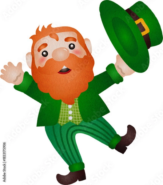 Fototapeta Illustration of a Leprechaun with Hat Watercolor Hand Drawn Style