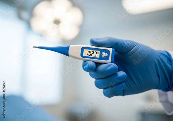 Obraz Closeup of a gloved hand holding a digital thermometer displaying a high temperature reading, indicating fever or illness in a medical setting