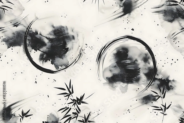 Obraz 墨の筆致で描かれた日本の七宝文様のモダンパターン