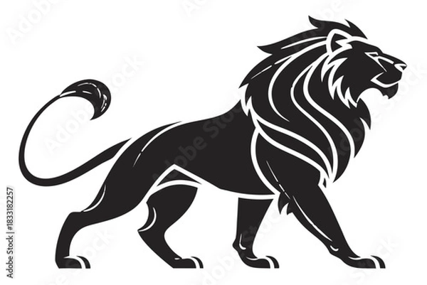 Fototapeta Stylized black lion silhouette walking with a flowing mane and tail