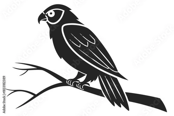 Fototapeta Stylized black bird perched on a bare branch against a black background