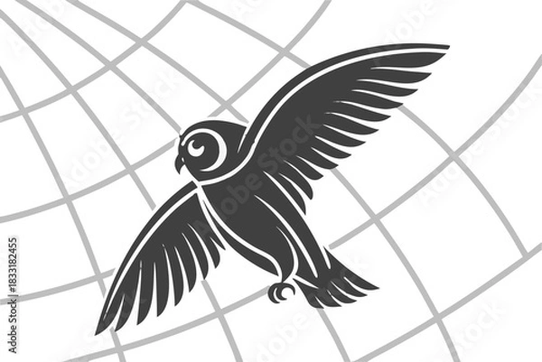 Fototapeta Stylized owl in flight against a black background with a grid pattern