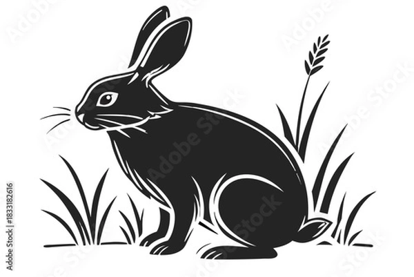 Fototapeta Black rabbit sitting in tall grass with wheat stalk