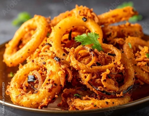 Fototapeta Crispy fried onion rings are beautifully arranged on a plate, appetizing and delicious