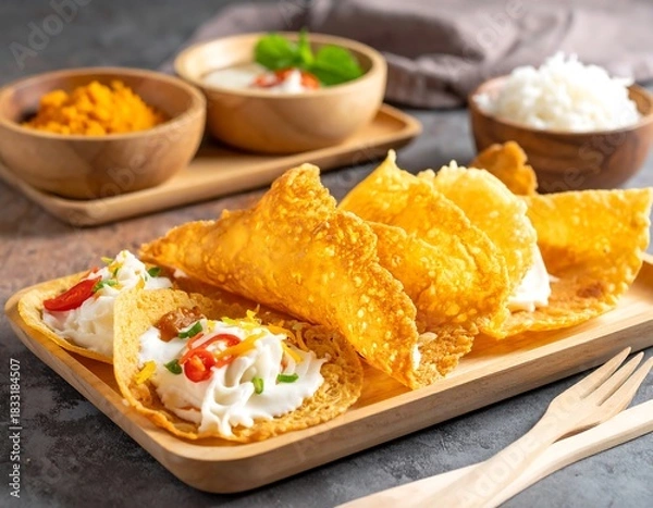 Fototapeta Crispy, golden crepes topped with cream & peppers on a wooden plate, bowls with sauces