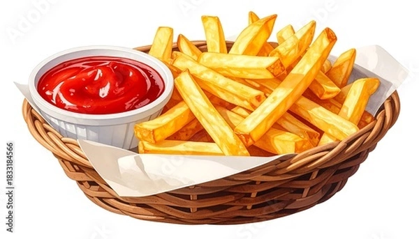 Fototapeta Crispy fries in a wicker basket with a small bowl of bright red ketchup, resting on a white paper liner