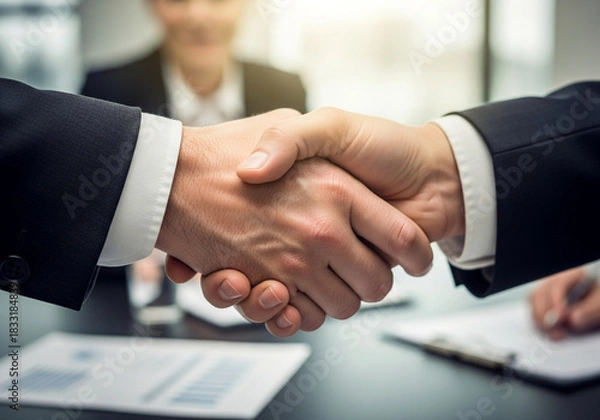 Obraz Closeup of a business handshake symbolizing agreement and partnership, with blurred figure in background, representing collaboration and success