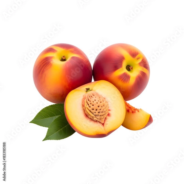 Fototapeta Fresh ripe juicy peaches with a halved fruit showing its pit.