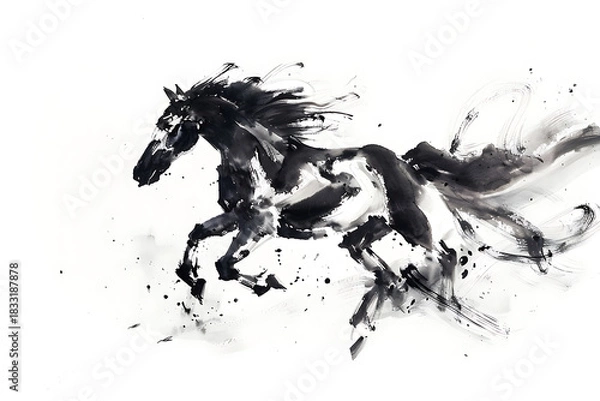 Obraz 勢いよく駆ける馬を墨のタッチで描いたダイナミック構図
