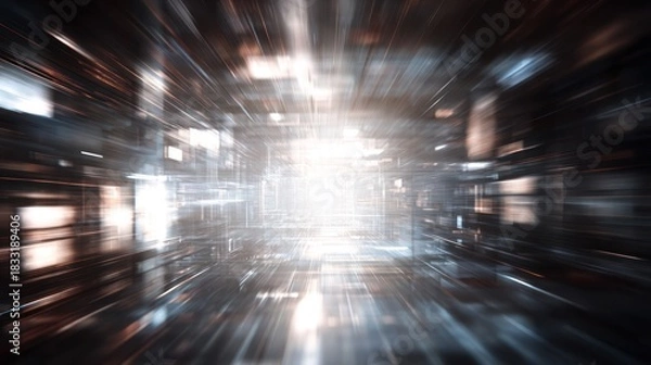 Fototapeta A perspective of a futuristic corridor with bright light at the end, blurred with speed