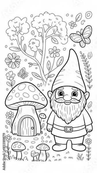 Fototapeta Children’s gnome coloring page featuring a smiling gnome near a mushroom house with flowers and forest elements. Thin black outline with simple contours and many small decorative details.