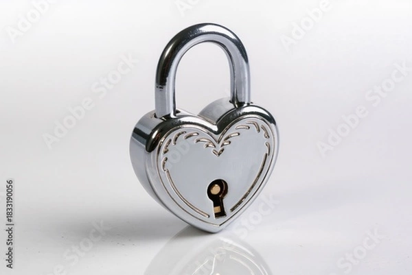 Obraz Silver heart shaped padlock on reflective white surface