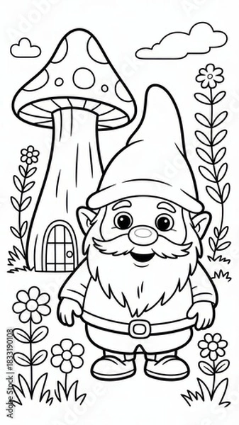 Fototapeta Children’s gnome coloring page featuring a smiling gnome near a mushroom house with flowers and forest elements. Thin black outline with simple contours and many small decorative details.