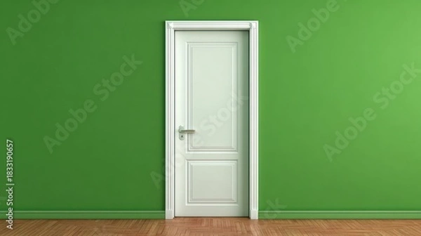 Fototapeta A pristine white door is set against a vibrant green wall, creating a simple, clean, and modern aesthetic