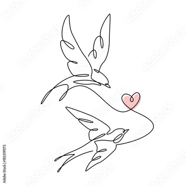 Fototapeta Two Bird Couples With Heart Symbol one line drawing. Two Bird Couples With Heart Symbol single line illustration. Two Bird Couples With Heart Symbol minimalist line art. Two Bird Couples With Heart Sy