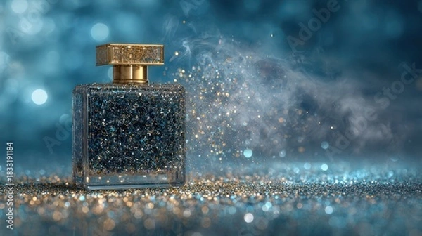Fototapeta A rectangular perfume bottle, encrusted in glitter, sits amongst shimmering dust