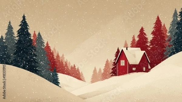 Fototapeta A red cottage nestles amidst snow-covered hills and evergreen trees during a gentle snowfall