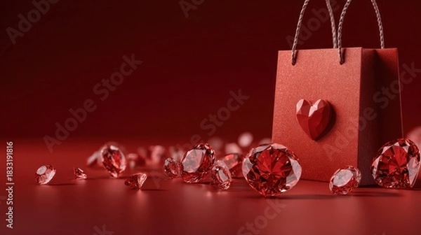 Fototapeta A red shopping bag with a heart adornment sits amongst scattered, sparkling red jewels