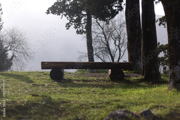 Fototapeta Wooden bench on the mountain. Light snow is falling, Idyllic view.