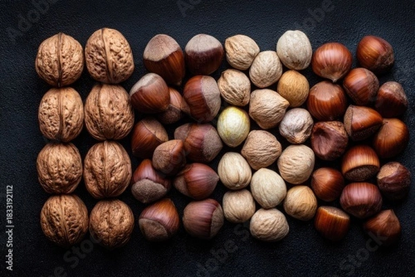 Obraz Assorted nuts arranged in rows on dark surface