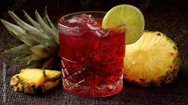 Fototapeta A refreshing cocktail with pineapple and lime, set on a textured dark background