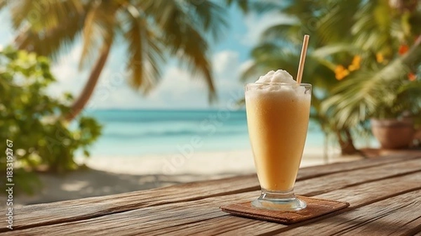 Fototapeta A refreshing tropical smoothie with straw sits on a weathered wooden table, beach backdrop
