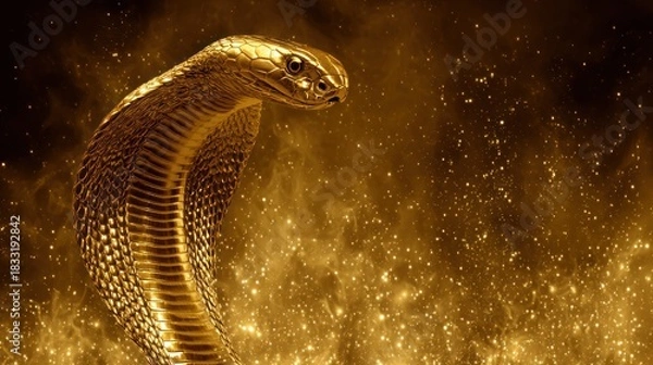 Fototapeta A regal golden cobra in a stylized, shimmering golden haze, posing with majestic presence