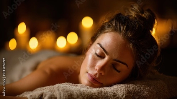 Fototapeta A relaxed woman laying prone on a massage table. Surrounded by soft light from candles